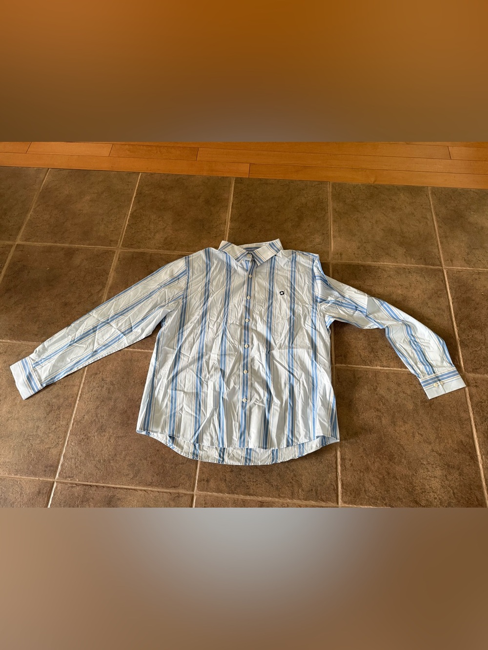 Lands' End White and Light Blue Striped Button-Down Shirt needs to be ironed!!